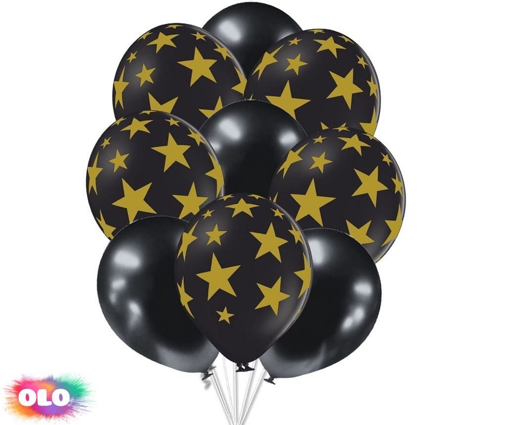 Balónky černé zlaté hvězdy mix 10ks 30 cm - balonky.cz - Kompletní nabídka  - - OLO.cz - prodej party dekorací a potřeb
