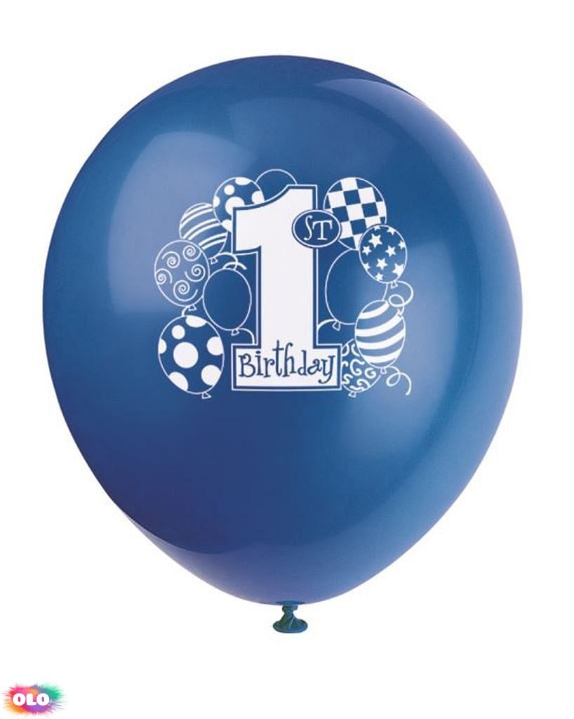 Balónky 1. narozeniny 8 ks - 30,4 cm modré - UNIQUE - Gumové balónky -  Balónky a helium - OLO.cz - prodej party dekorací a potřeb
