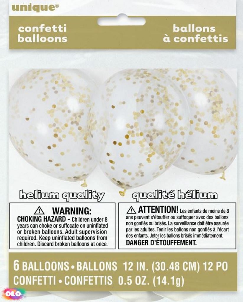 Balónky 6 ks 30 cm - průhledné s konfety zlatými - UNIQUE - Gumové balónky  - Balónky a helium - OLO.cz - prodej party dekorací a potřeb