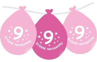 Balónek růžový KRÁSNÉ NAROZENINY číslo 9 visící - 5 ks