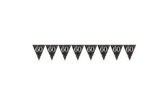 Girlanda vlajky 60 let - černá se zlato-stříbrnými holografickými detaily - Happy birthday - 4 m
