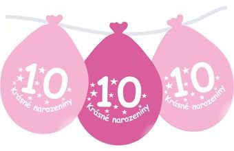 Balónek růžový KRÁSNÉ NAROZENINY číslo 10 visící - 5 ks