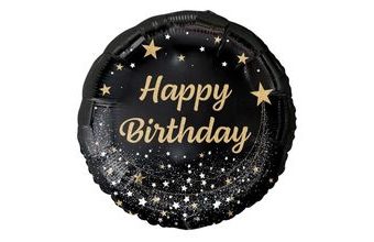 Balón foliový 45 cm kulatý - černý se zlatým nápisem - Happy Birthday - narozeniny