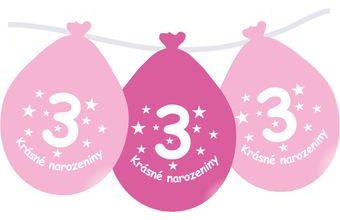 Balónek růžový KRÁSNÉ NAROZENINY číslo 3 visící - 5 ks