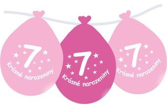 Balónek růžový KRÁSNÉ NAROZENINY číslo 7 visící - 5 ks