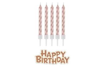 Svíčky s nápisem Happy Birthday, rosegold - růžovozlaté 16 ks