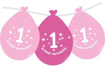 Balónek růžový KRÁSNÉ NAROZENINY číslo 1 visící- 5 ks