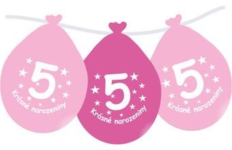 Balónek růžový KRÁSNÉ NAROZENINY číslo 5 visící - 5 ks