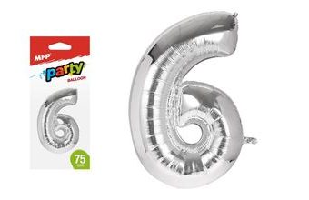 balónek č. 6 nafukovací fóliový 75 cm - stříbrný 8000167