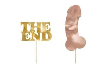 Dekorace na dort penis růžovozlatý a nápis "THE END" zlatý - 2 ks - Rozlučka se svobodou