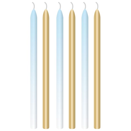 Dortové svíčky světle modré a zlaté s držáky 6 ks 12 cm