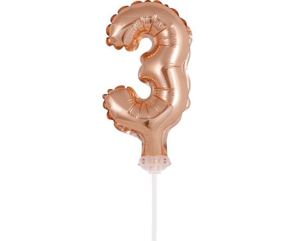 Balón foliový číslice - 3 - RŮŽOVO ZLATÁ - ROSE GOLD 12,5 cm s držákem