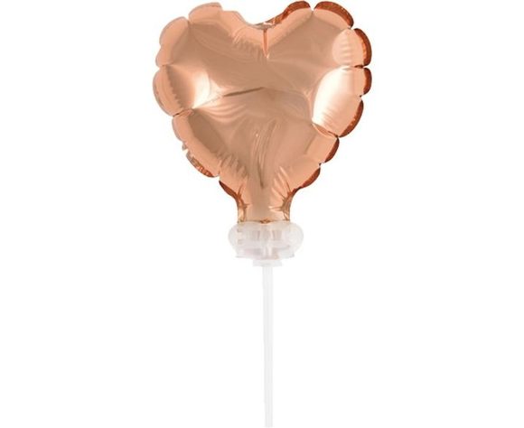 Fóliový balónek s držákem - srdce - růžovo zlatá - rose-gold - 8 cm
