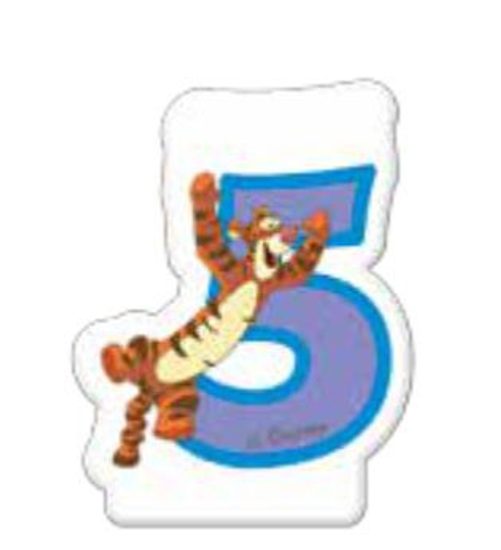 Medvídek Pú dortová svíčka bílá s modrým číslem 5 a s tygříkem