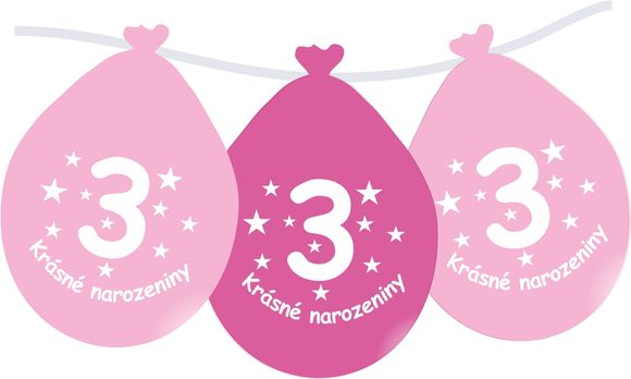 Balónek růžový KRÁSNÉ NAROZENINY číslo 3 visící - 5 ks
