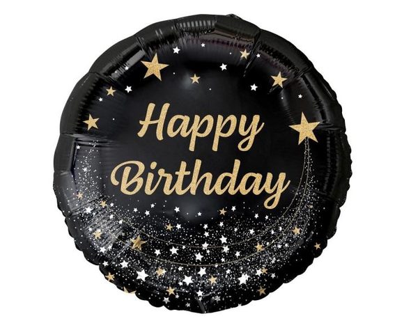 Balón foliový 45 cm kulatý - černý se zlatým nápisem - Happy Birthday - narozeniny