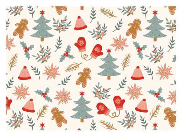 Balící papír klasik - vánoční motivy - stromky, perníčky, čepice - archy 100x70 cm