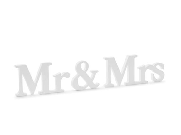 Dřevěný nápis Mr & Mrs -bílý, 50 x 9,5 cm