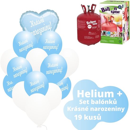 Helium set - světlemodré balónky KRÁSNÉ NAROZENINY -