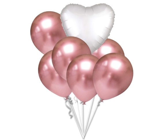 Balónky chromové růžovo-zlaté a bílé srdce set