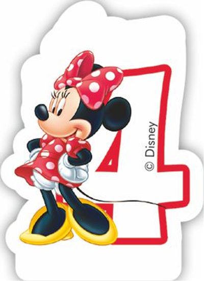 Minnie dortová svíčka bílá s bílým číslem 4 s červenými okraji