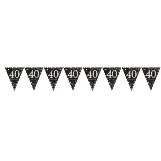 Girlanda vlajky 40 let - černá se zlato-stříbrnými holografickými detaily - Happy birthday - 4 m