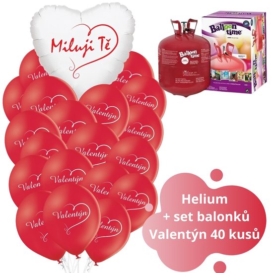 Helium set velký - červené balónky Miluji Tě a Valentýn 40 ks