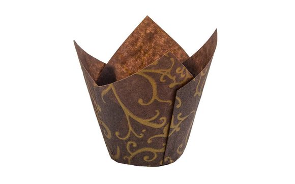 Košíček na muffiny tulipán hnědý se zlatým vzorem (12 ks)