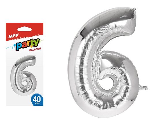 balónek č. 6 nafukovací fóliový 40 cm - stříbrný 8000139