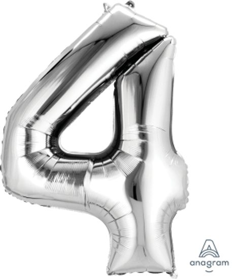 Balónek fóliový narozeniny číslo 4 stříbrný 86 cm