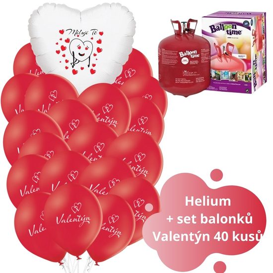 Helium set velký - červené balónky Miluji Tě a Valentýn 40 ks
