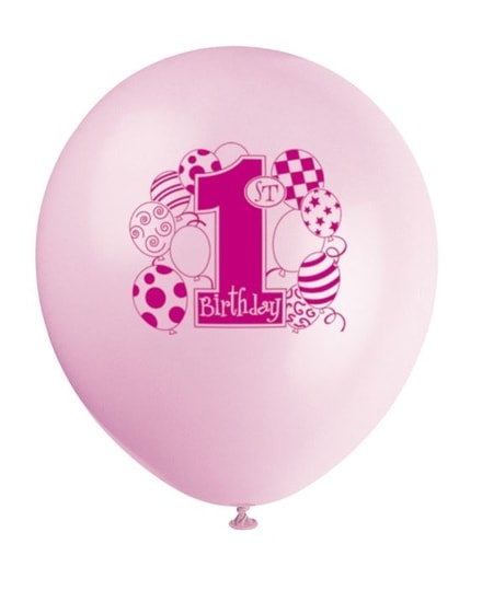 Balónky 1. narozeniny 8 ks - 30,4 cm růžové - UNIQUE - Gumové balónky -  Balónky a helium - OLO.cz - prodej party dekorací a potřeb