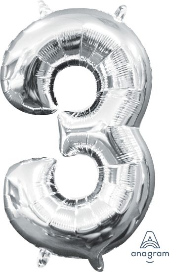 Amscan balónek foliový narozeniny číslo 3 stříbrný 33cm x 20cm