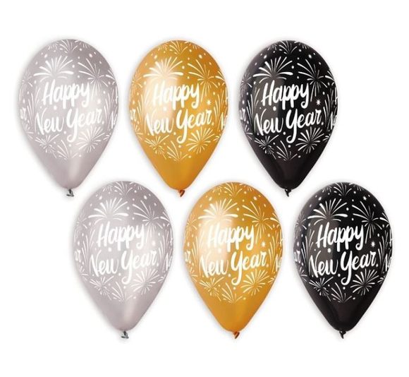 Balónky metalické 30 cm "Happy New Year" 6 ks - Silvestr