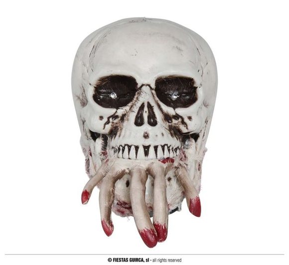 Dekorace Lebka s krvavou rukou - pohyblivá se zvukem a světlem - Halloween