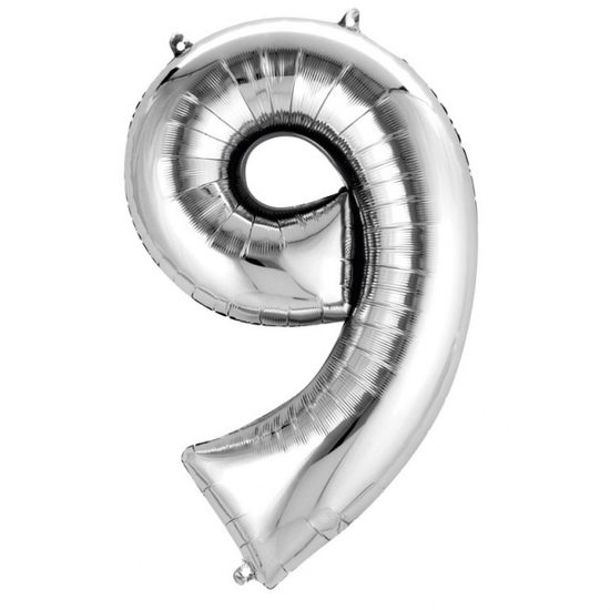 Balónek fóliový narozeniny číslo 9 stříbrný 86 cm