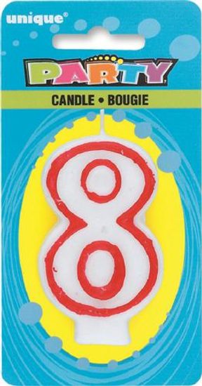 Svíčka na dort číslo 8 bílá s červeným okrajem 8 cm