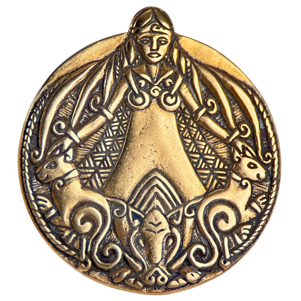 Bronze Freya Pendant with Amber Norse Goddess Asatru Jewelry