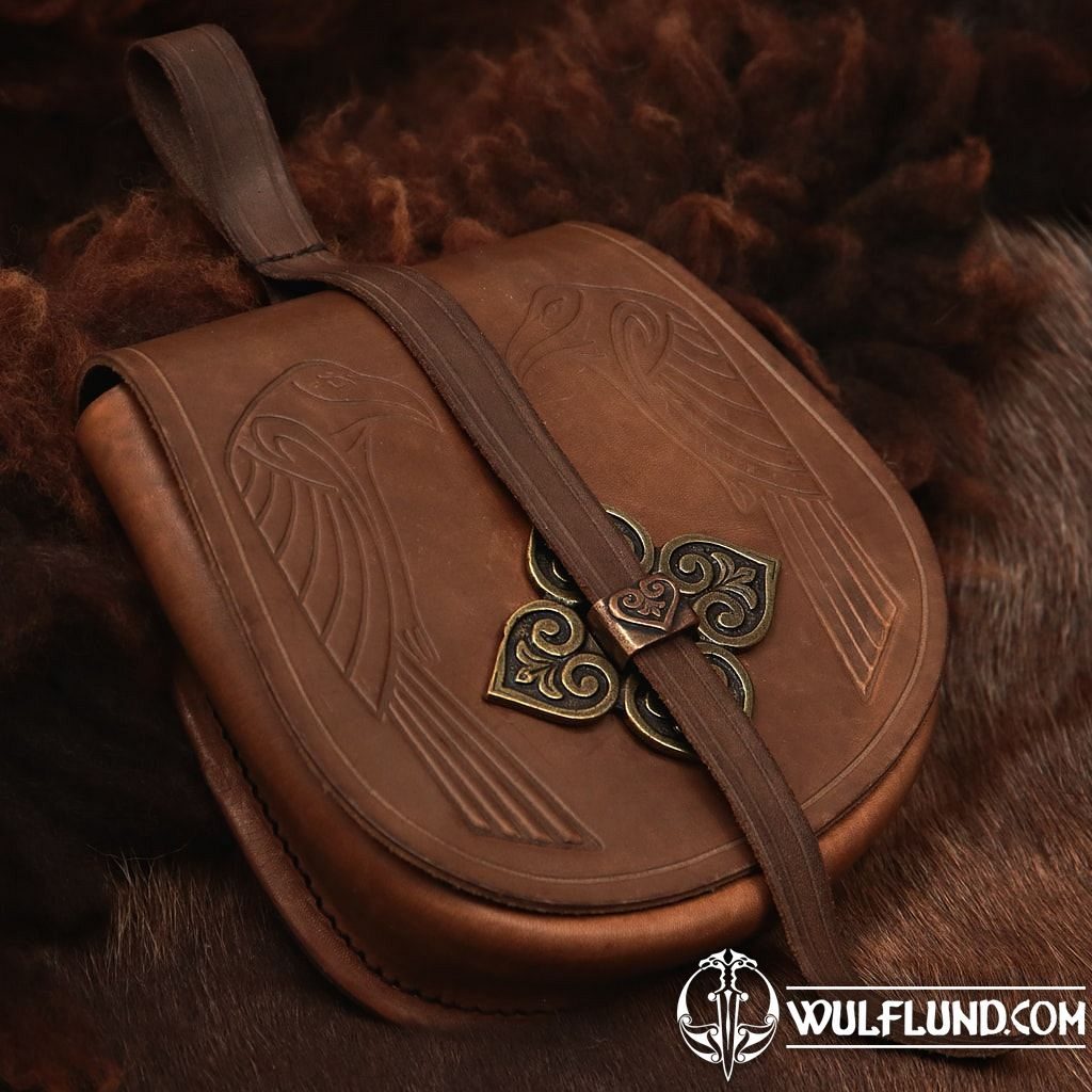 Two Ravens Early Medieval Leather Bag - cow leather, tin alloy