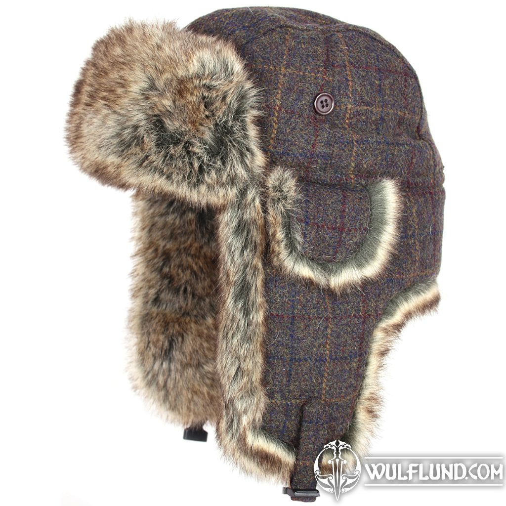 Wool Blend Trapper Hat Brown Check Balaclavas, Military Headwear