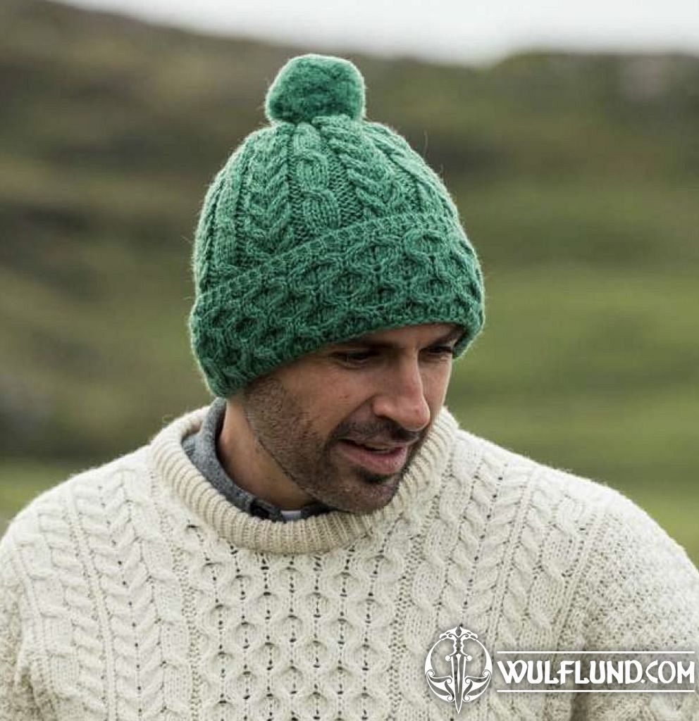 HONEYCOMB & CABLE HAT with POM POM, unisex, merino wool, green caps, hats  from Ireland Woolen products, Ireland - wulflund.com
