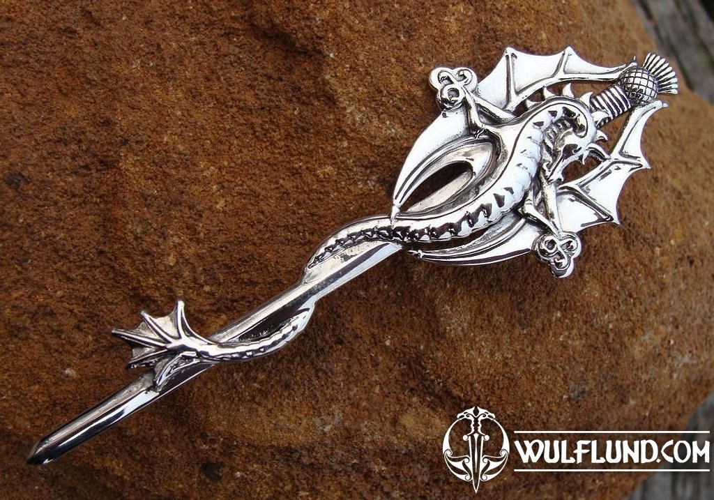 KILT PIN OF A DRAGON HUNTER, silver, SWORDS OF SCOTLAND, SCOTTISH JEWELLERY  - wulflund.com