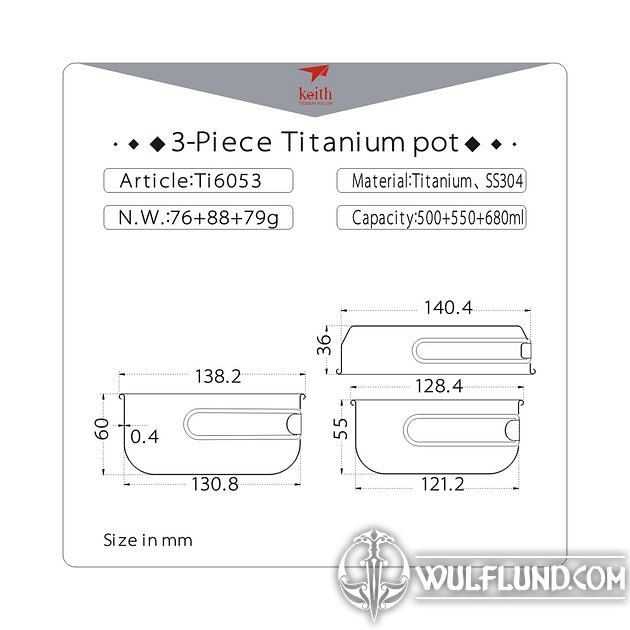 Ti6053 3-Piece Titanium pot and Pan Cook Set Titanium equipment