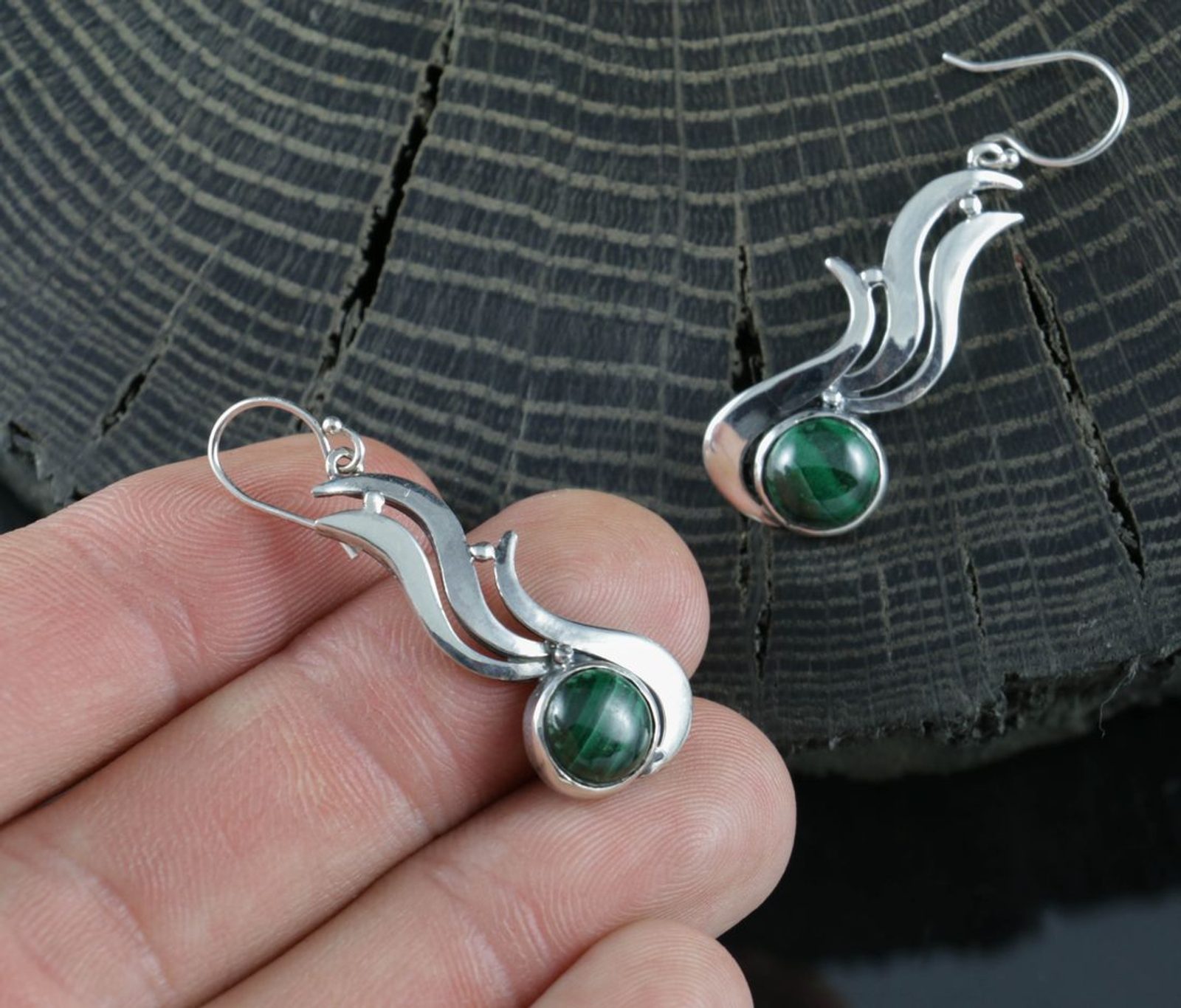 Boucles D'oreilles En Malachite Et Argent 925 – Magnifiques Pierres Vertes, Sans Emballage D'origine