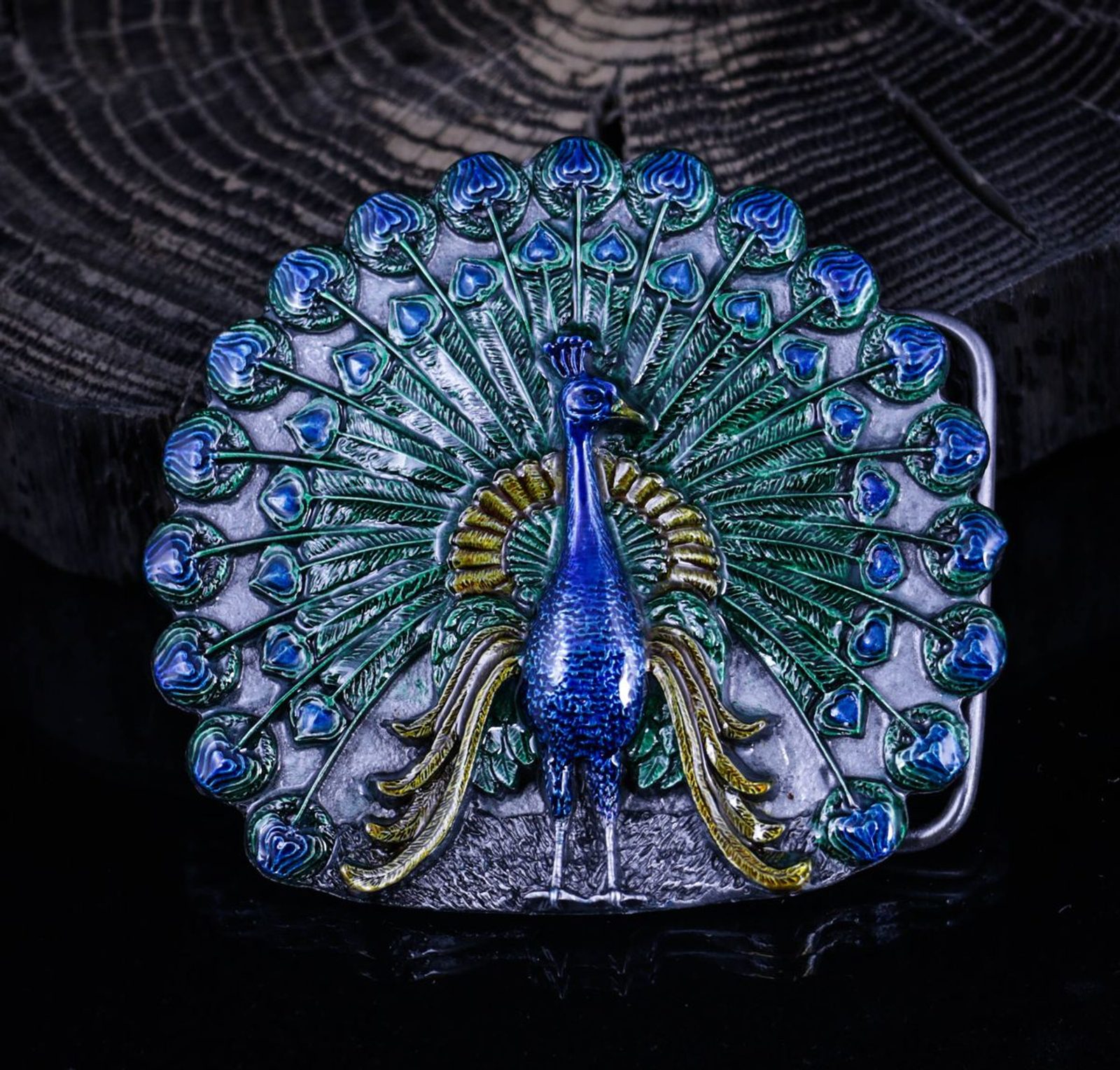 PEACOCK, painted belt buckle custom made belts Wulflund display picture 1