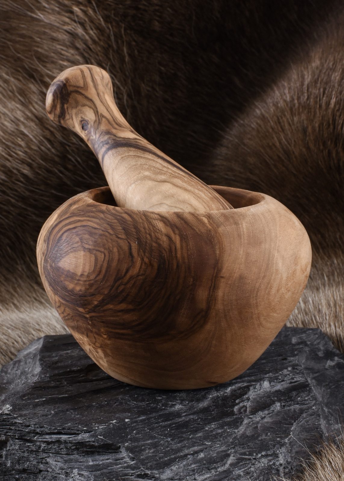 Mortier Rond Rustique En Bois D'olivier 18 Cm + Pilon - Fabriqué En Tunisie - Neuf