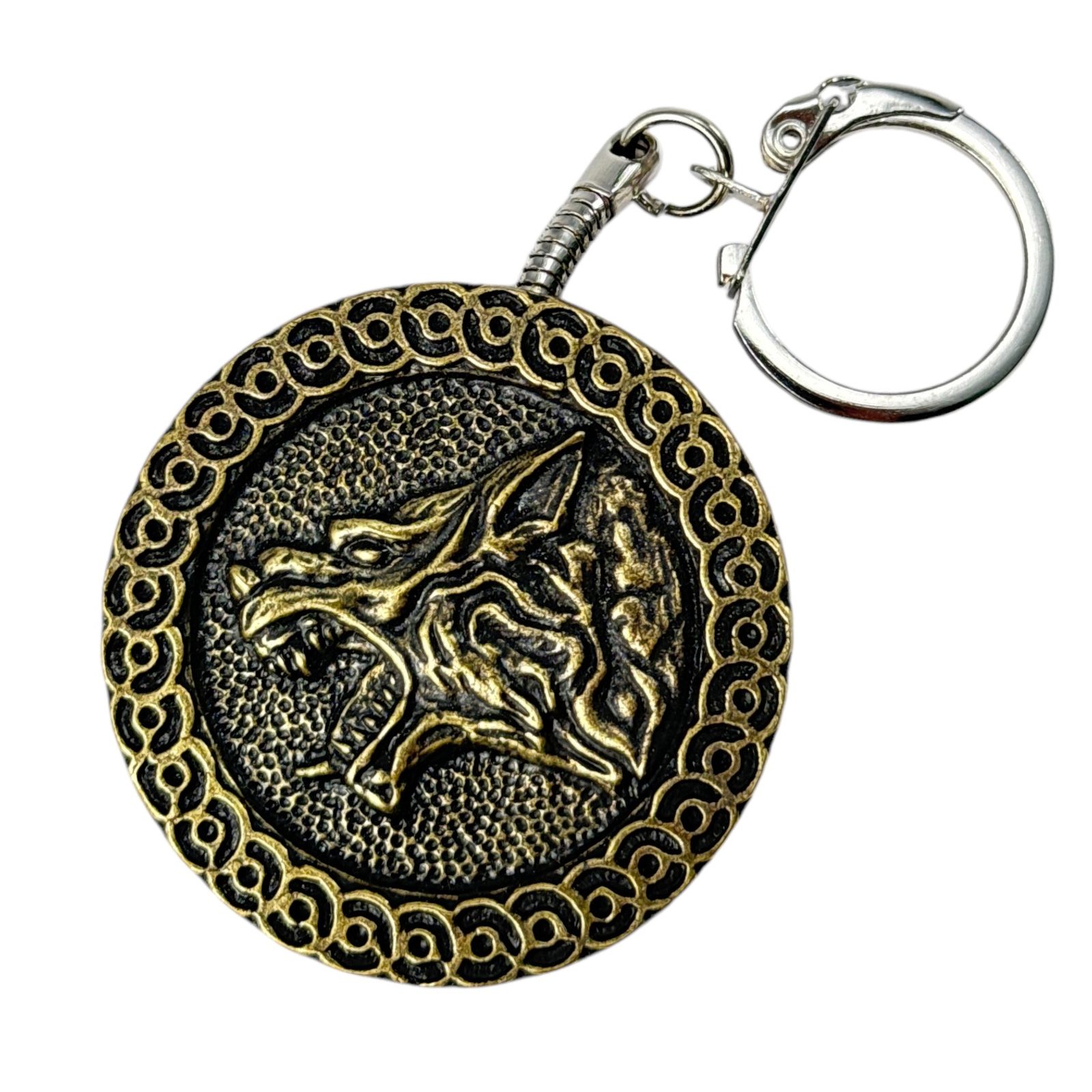 Slavic wolf keychain, zinc old brass Wulflund