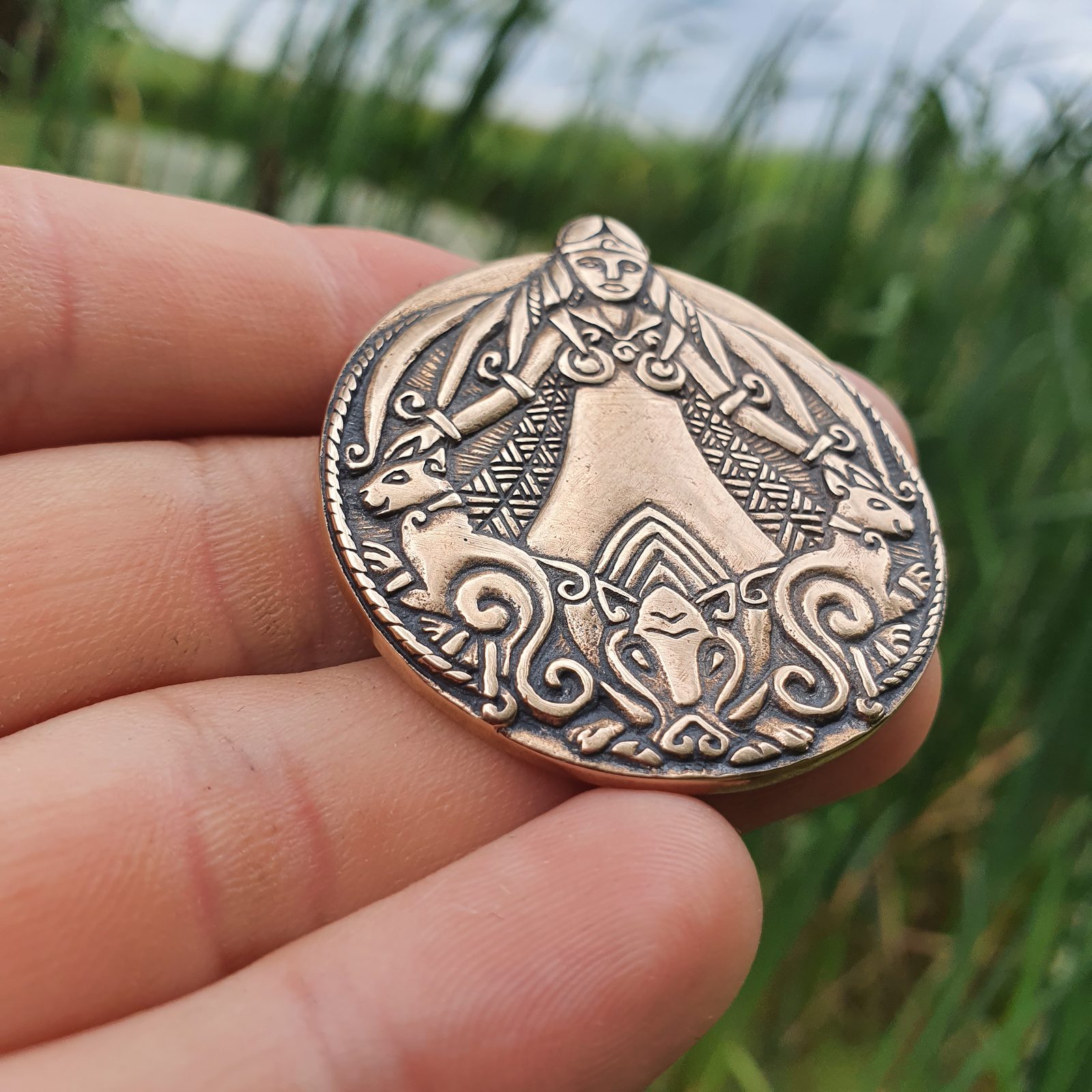 Bronze Freya Pendant with Moonstone Norse Goddess Asatru Jewelry
