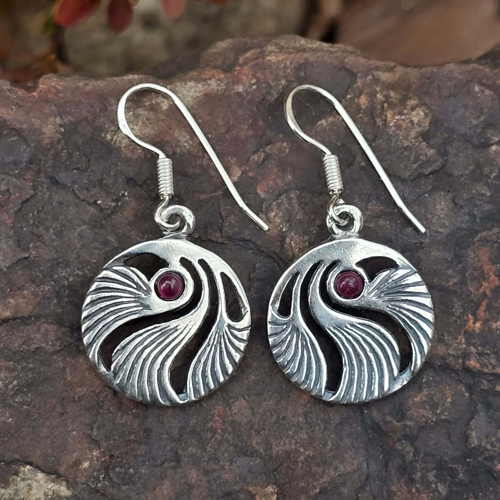 SHELL, Prague Art Nouveau, earrings silver 925, garnet