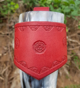 FLOWER, LEATHER DRINKING HORN HOLDER, RED - DRINKING HORNS